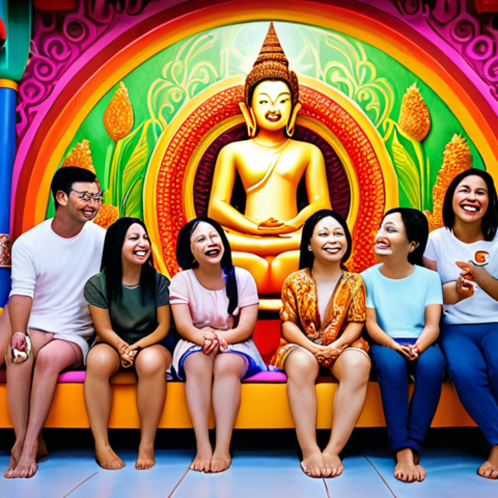 **Prompt:** A group of diverse avatars in a vibrant metaverse space, some sharing personal stories and laughing together. The scene emphasizes connection, empathy, and a sense of community, reflecting Thai values of "sanuk" (fun) and "namjai" (generosity of spirit). The style should be colorful and inviting, like a modern Thai mural.