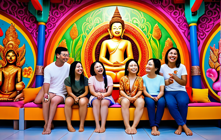 **Prompt:** A group of diverse avatars in a vibrant metaverse space, some sharing personal stories and laughing together. The scene emphasizes connection, empathy, and a sense of community, reflecting Thai values of "sanuk" (fun) and "namjai" (generosity of spirit). The style should be colorful and inviting, like a modern Thai mural.